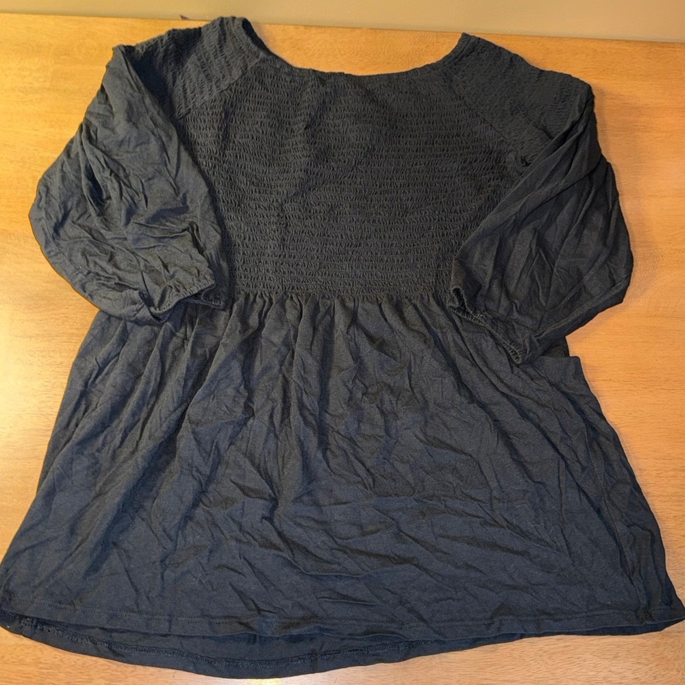 J. Jill Black Smocked Bodice 3/4 Sleeve Cotton Modal Blouse Top Womens Size M